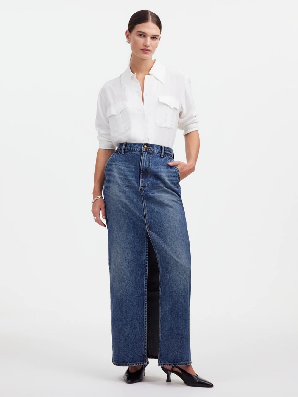 Madewell Dark Blue High-Rise Denim Maxi Skirt with Front Slit